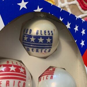 Vtg Rauch Patriotic “God Bless America” glass ornament set made in USA